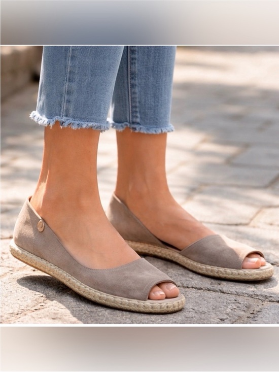 Verbenas Shoes - Verbenas Cruz Gray Suede Leather Espadrille Peep-toe Flats